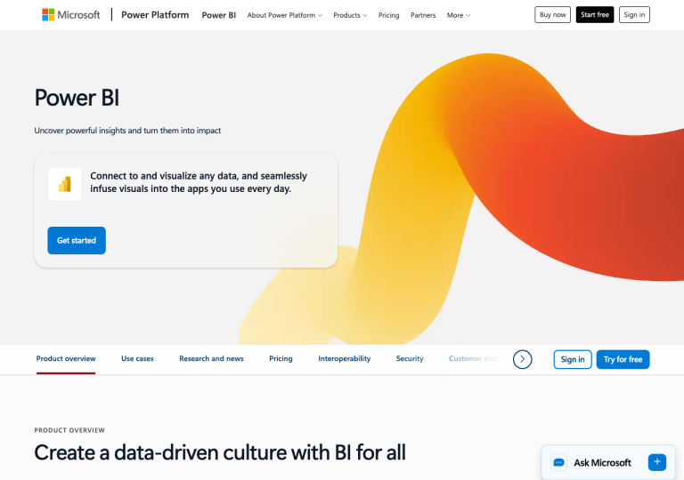 Capture d'écran du site powerbi.microsoft.com