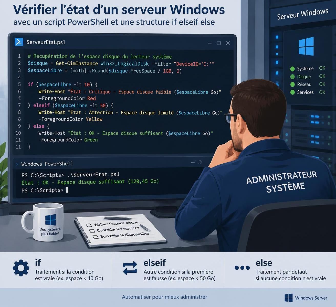 maîtrisez les conditions powershell avec if, elseif et else : syntaxe, exemples pratiques et gestion de plusieurs conditions.