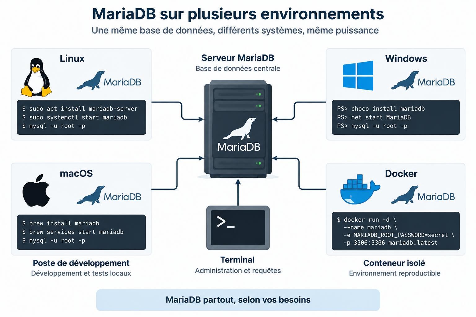 découvrez comment installer mariadb sur linux, windows, macos et docker grâce à des étapes simples pour chaque environnement.